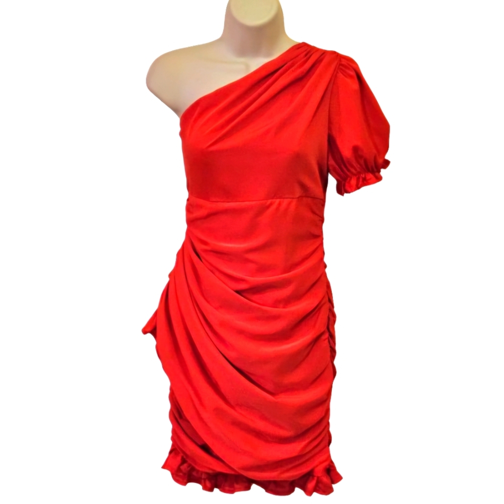 Hello Molly "Not Fair On Me" Red One Shoulder  Ruched Ruffle Dress,Large,NWT